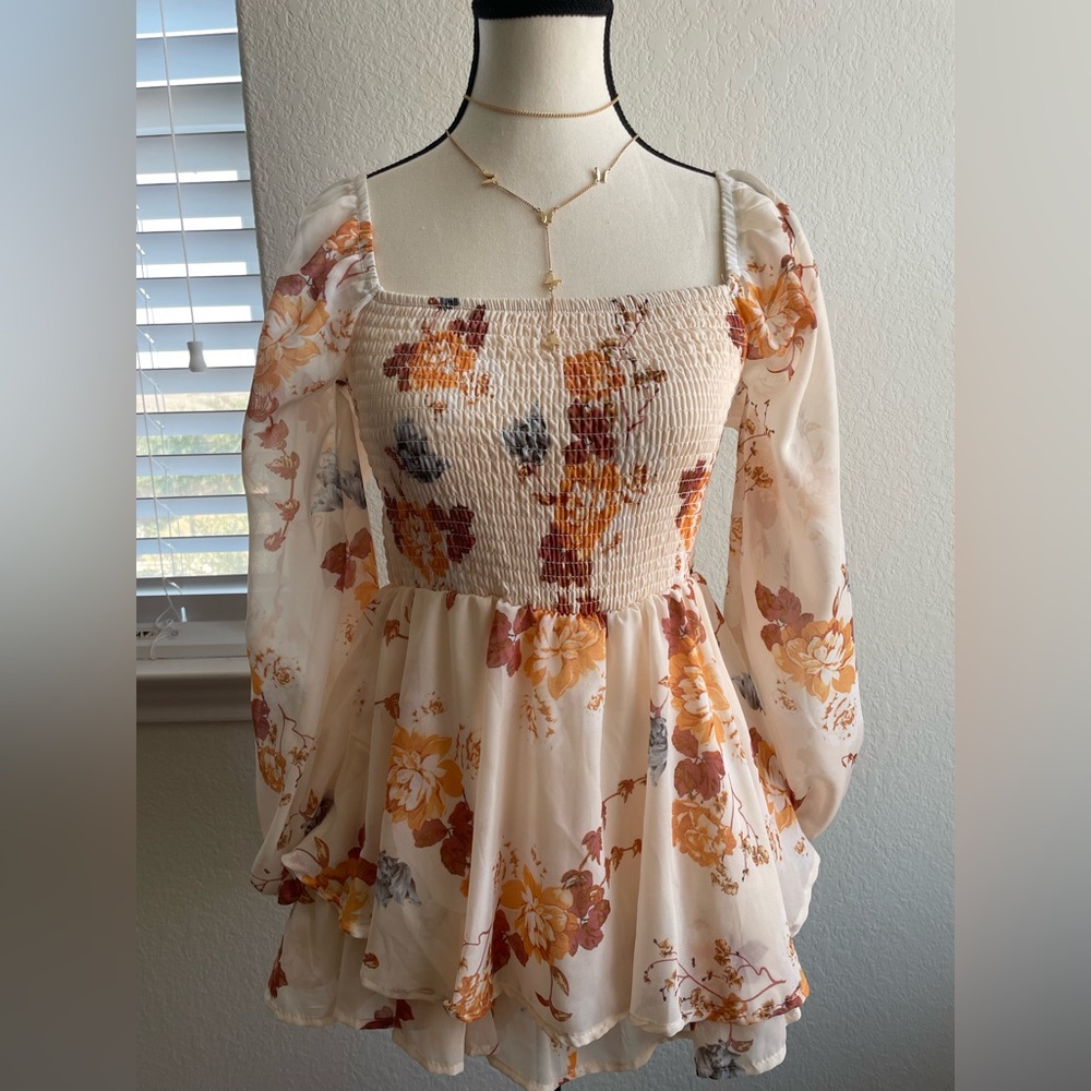 Floral Long Sleeve Romper Dress - Cream and Orange